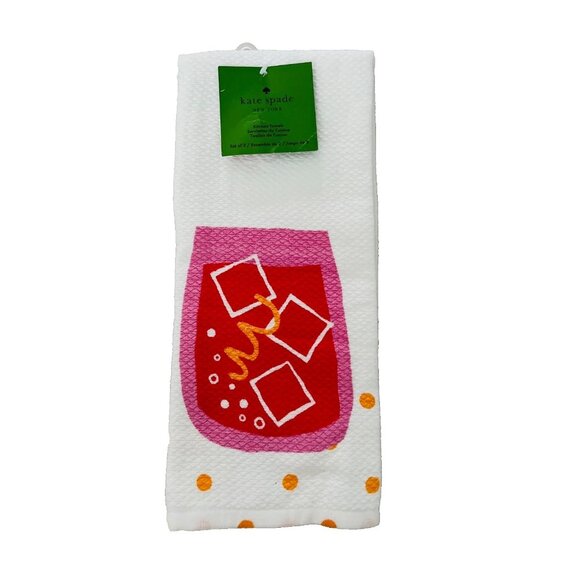 Kate Spade Kitchen Dish Towels Rum Punch Drink 100% Cotton White Set of 2